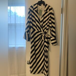 H&M Black and White Striped Midi Wrap Dress